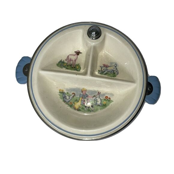 Bartsh Vintage 3 Section Baby Warming Dish Lamb Puppy Duck Chrome Plated - Picture 1 of 9